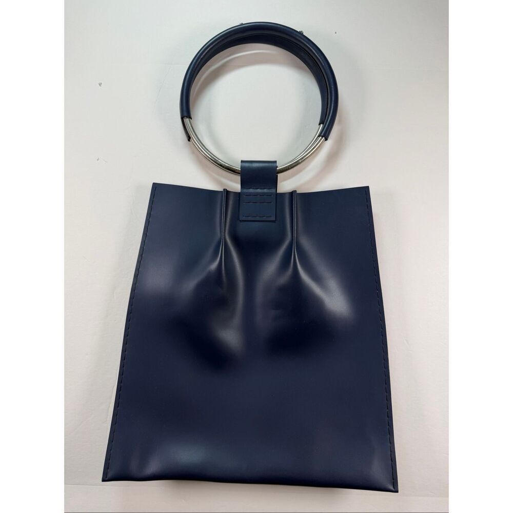 KLISAB Blue Leather Ring Handle Tote Bag Minimalist Top Handle Purse Handmade